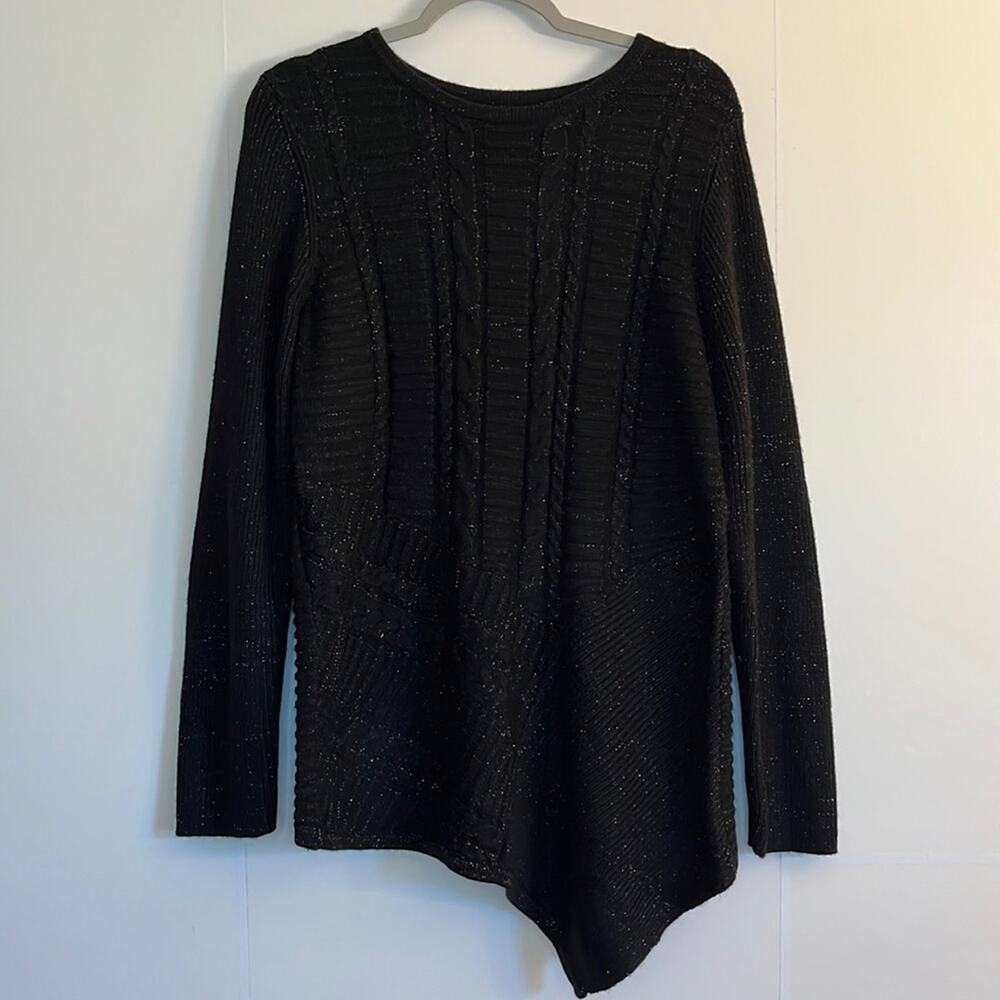 Dana Buchman Asymmetrical Hem Tunic Sweater Size L Black w/ Gold Metallic Thread